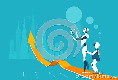 Robots analysing data. Ai, Artificial intelligence, people and robots are working together Cartoon Illustration