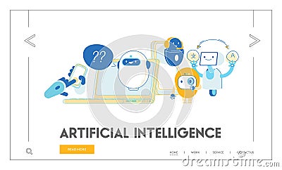 Robots, Artificial Intelligence in Human Life Website Landing Page. Chatbot Help Clients Online, Translating Texts Vector Illustration