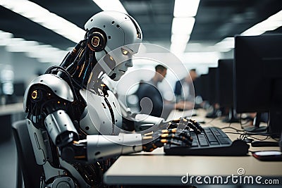 robots with artificial intelligence typing and using computers in corporate office Stock Photo
