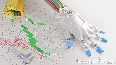 Robots assembling the candlestick chart, placing buy and sell orders net to a giant robot hand. Stock Photo