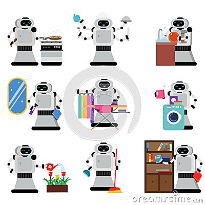 Robots assistants helping people in housework duties set, artificial intelligence Illustrations Stock Photo