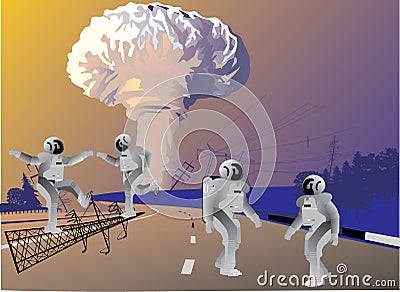 Robots and atomic explosion Vector Illustration