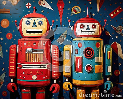 The robots are called Colourful Two Surreal Retro Tin Robots. Cartoon Illustration