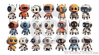 Robots cartoon vector set. mechs droids golems artificial beings machines, techno automated units cyborg humanoids bots Vector Illustration