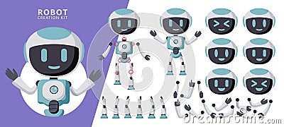 Robots character creation kit vector set. Robot editable characters with arms and legs pose and gestures Vector Illustration