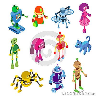 Robots collection on vector robotic characters illustration isolated on white. Robotized toys in isometric machine style Vector Illustration