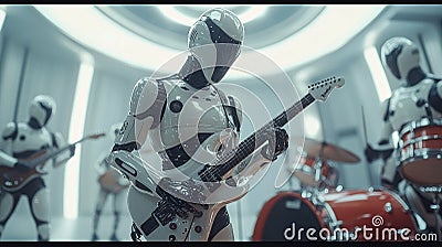 Robots in Concert. Futuristic robots playing instruments in a sleek Stock Photo