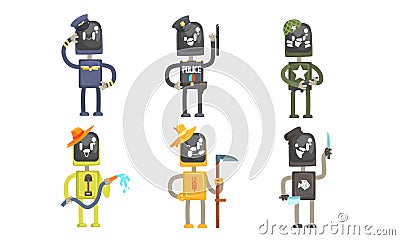 Robots of Different Professions Collection, Pilot, Policeman, Soldier, Gardener, Farmer, Butcher Vector Illustration Vector Illustration