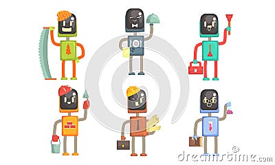 Robots of Different Professions Collection, Waiter, Lumberjack, Plumber, Builder, Engineer, Scientist Vector Vector Illustration