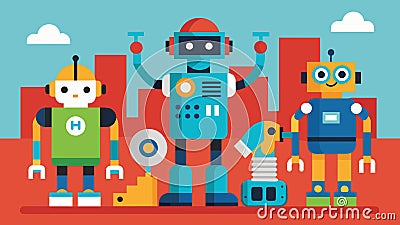 The robots on display at the Youth Robotics League ranged from simple and functional to complex and futuristic Vector Illustration