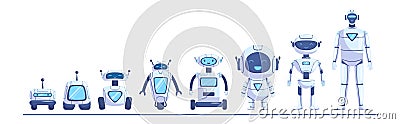 Robots Evolution, Ai Android Engineering Progress, Transformer Bots, Cybernetics Technology. Futuristic Cyborgs Vector Illustration