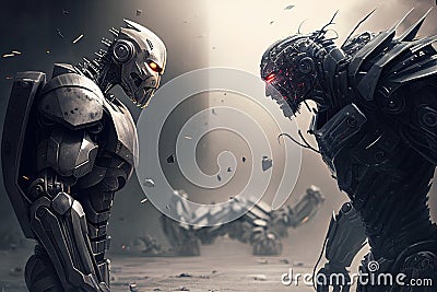 Robots fighting, robot fight illustration, Good vs evil android machine, generative ai Cartoon Illustration