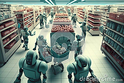 robots in a futuristic supermarket, with robotic arms stocking shelves and a humanoid robot assisting customers at a Stock Photo