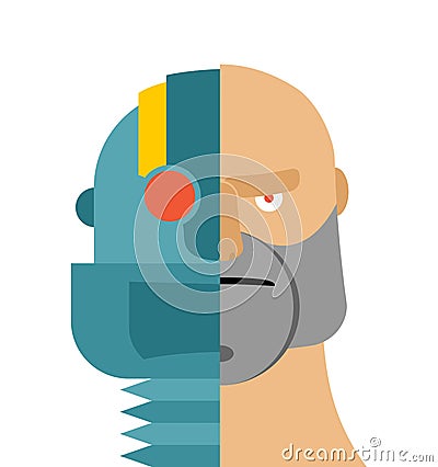 Robots head. Android and people. Iron person and man face. Cybernetic mechanism. Man of future Vector Illustration