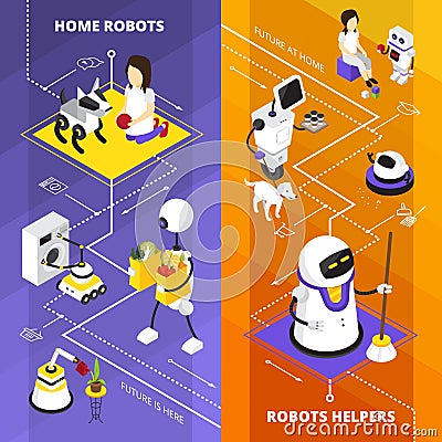 Robots Helpers Vertical Isometric Banners Vector Illustration