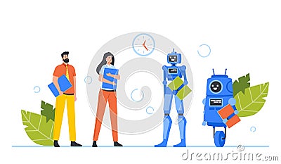 Robots and Human Waiting Hiring Interview in Office Hall. Robotization and Cyborg VS People Concept. Business Characters Vector Illustration