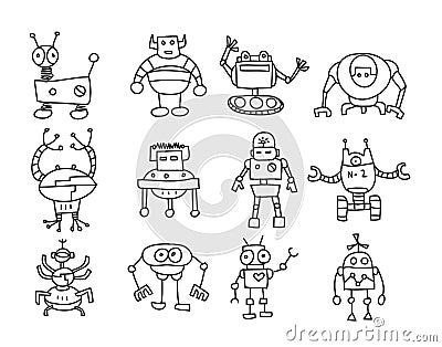 Robots icon cute hand drawn vector set line art illustration Vector Illustration