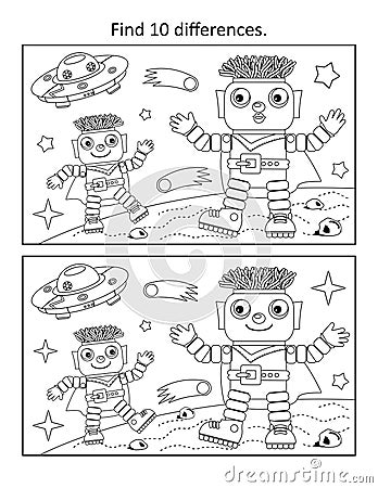 Robots on Mars. Exploring outer space. Difference game and coloring page. Stock Photo