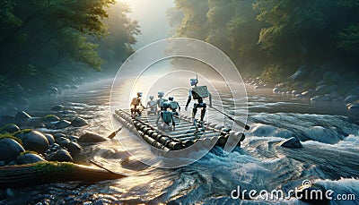 Robots navigating a raft on a misty river Stock Photo