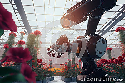 robots planting flowers in greenhouse. Smart flower industry with humanoid robots automation. Cartoon Illustration