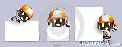 Robots presenting character vector set. Robotic characters with whiteboard, placard and phone elements in friendly expression. Vector Illustration