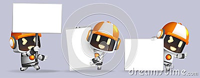 Robots presenting character vector set. Robotic characters with whiteboard, placard and phone elements in friendly expression. Vector Illustration