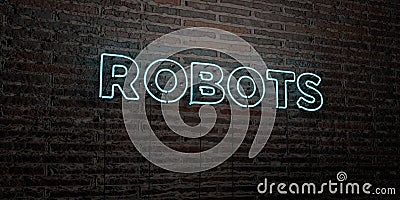 ROBOTS -Realistic Neon Sign on Brick Wall background - 3D rendered royalty free stock image Stock Photo