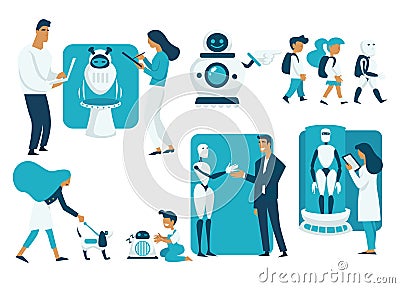 Robots robotic technologies and scientists future and development Vector Illustration