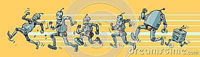 The robots are running. Different models of artificial intelligent humanoid mechanisms. running marathon speed sport Vector Illustration