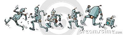 The robots are running. Different models of artificial intelligent humanoid mechanisms. running marathon speed sport Vector Illustration