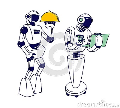 Robots Serving in Hospitality Service and Business. Cyborgs Holding Tray with Meal and Laptop. Artificial Intelligence Vector Illustration