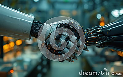 Robots shaking hands. The concept of artificial intelligence. Generative Ai Stock Photo