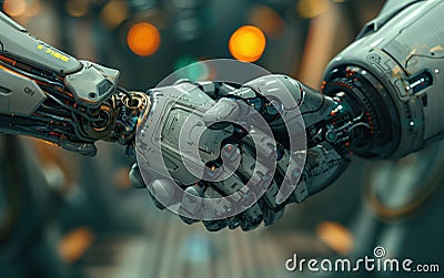 Robots shaking hands. The concept of artificial intelligence. Generative Ai Stock Photo