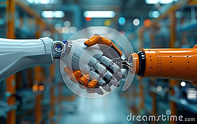 Robots shaking hands. The concept of artificial intelligence. Generative Ai Stock Photo