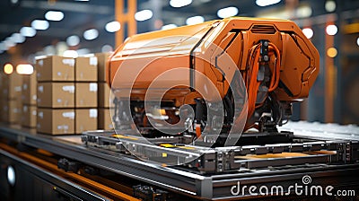 Robots sort and move boxes, packaging and sorting robot, placing items into boxes for shipping, Warehouse, automatic robots Stock Photo