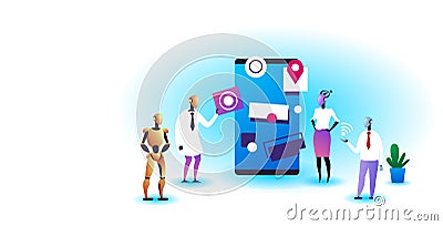 robots team working in software develop user interface development artificial intelligence technology concept smartphone Vector Illustration