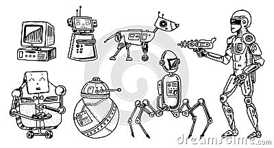 Robots and technology evolution. Stages Development of androids. Artificial intelligence concept. Hand drawn Future Vector Illustration