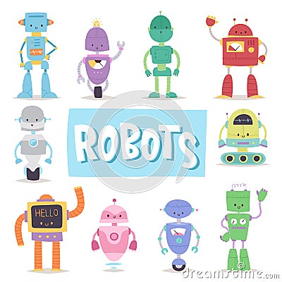 Robots and transformer androids retro cartoon toys character future artificial robotics machine cyborg vector Vector Illustration