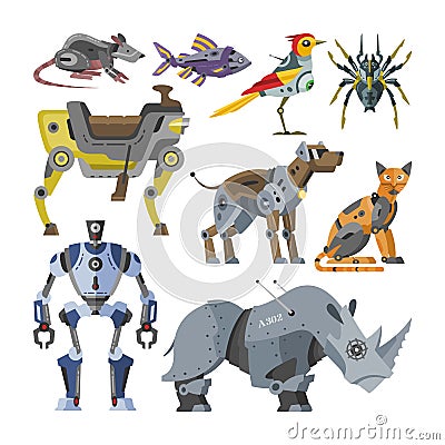 Robots vector cartoon robotic kids toy animal character cat dog robotics monster transformer cyborg transform Vector Illustration