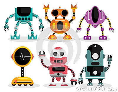 Robots vector characters set. Robot character with mechanical android robotic design for friendly toys collection isolated. Vector Illustration