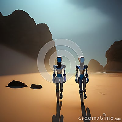 Robots walking at the beach Stock Photo