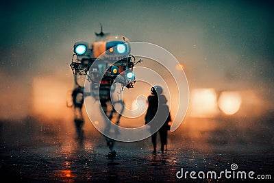 Robots walking in the street of a futuristic city, digital painting, concept illustration Cartoon Illustration