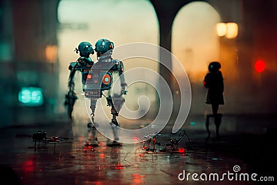 Robots walking in the street of a futuristic city, digital painting, concept illustration Cartoon Illustration