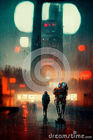 Robots walking in the street of a futuristic city, digital painting, concept illustration Cartoon Illustration