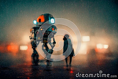 Robots walking in the street of a futuristic city, digital painting, concept illustration Cartoon Illustration