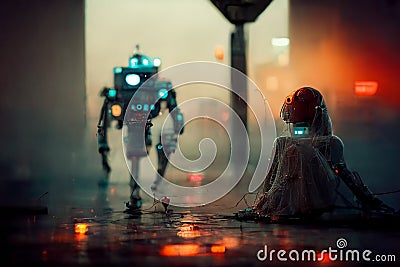 Robots walking in the street of a futuristic city, digital painting, concept illustration Cartoon Illustration