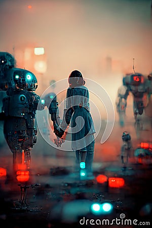 Robots walking in the street of a futuristic city, digital painting, concept illustration Cartoon Illustration