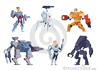 Robots warriors. Characters in exoskeleton brutal future soldiers technology android with guns vector cartoon mascot Vector Illustration