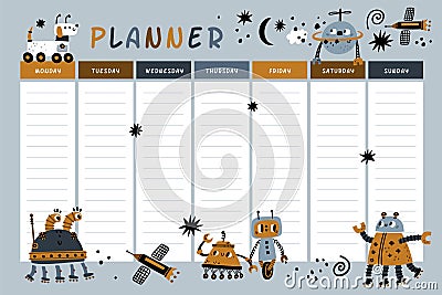 Robots weekly planner. Funny kids education. Lesson schedule with cyborgs design. Week timetable blank template. Boys Vector Illustration