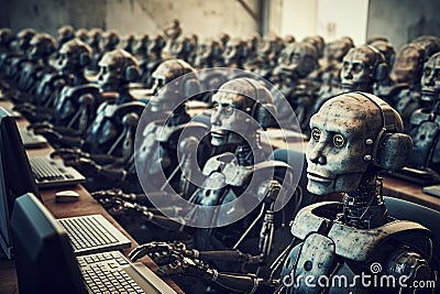 Robots work at computers in an office in a corporation Stock Photo